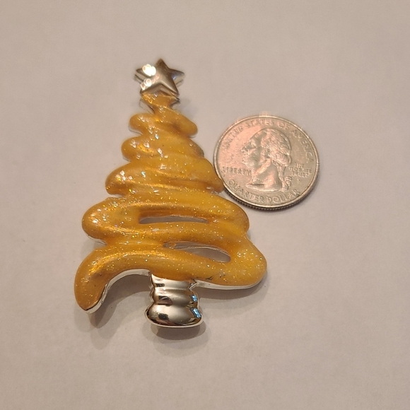 Vintage Enamel Yellow Sparkle Ribbon Chrostmas Tree Brooch Pin - Picture 2 of 3
